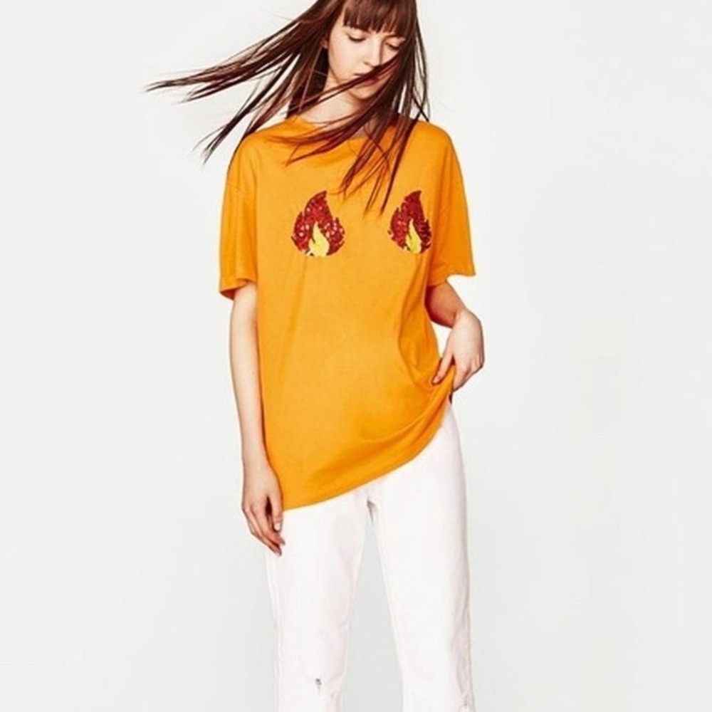 Zara Women T-Shirt Sequin Flame Patch Mustard Yellow Woman's size Small